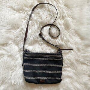 Fossil Black White Pink Heart Stripe Emma Coated Canvas Crossbody Purse Bag